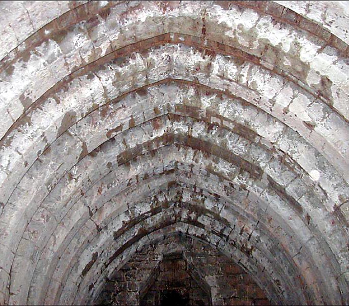 Gothic vaulting inside the Goblin Ha', the subterranean hall beneath Yester Castle